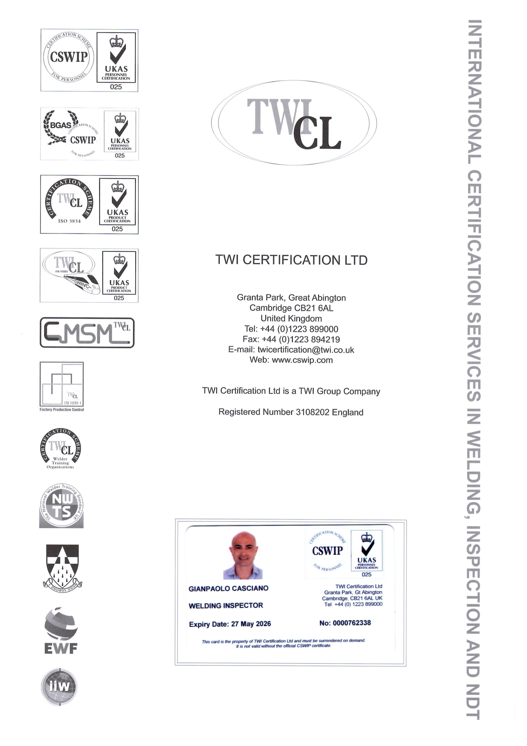 Certificato Welding Inspector CSWIP di Gianpaolo Casciano – TWI Certification Ltd, accreditato UKAS
