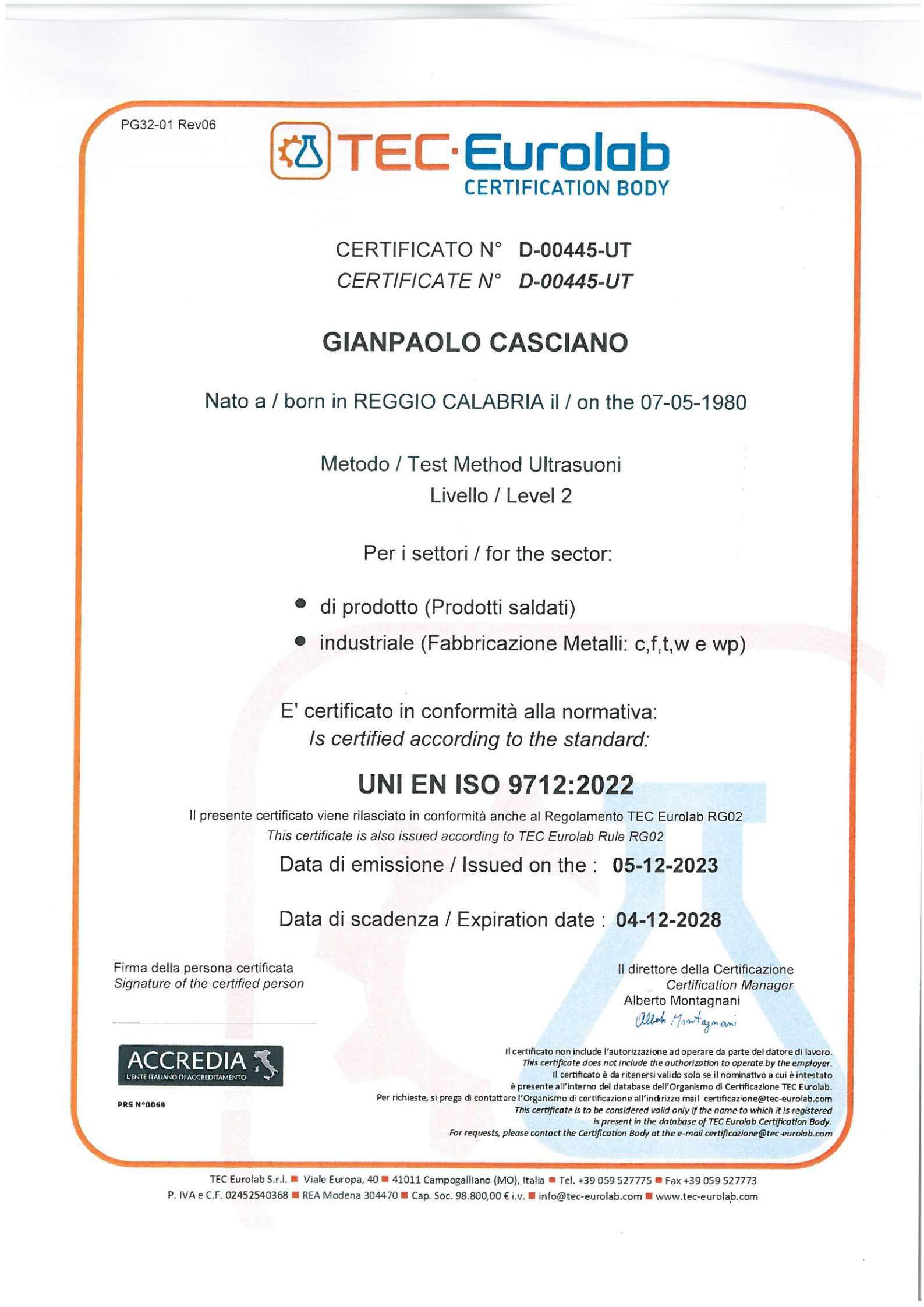 Certificato CND Ultrasuoni UT Livello 2 – Gianpaolo Casciano, TEC-Eurolab, UNI EN ISO 9712:2022, accreditato ACCREDIA