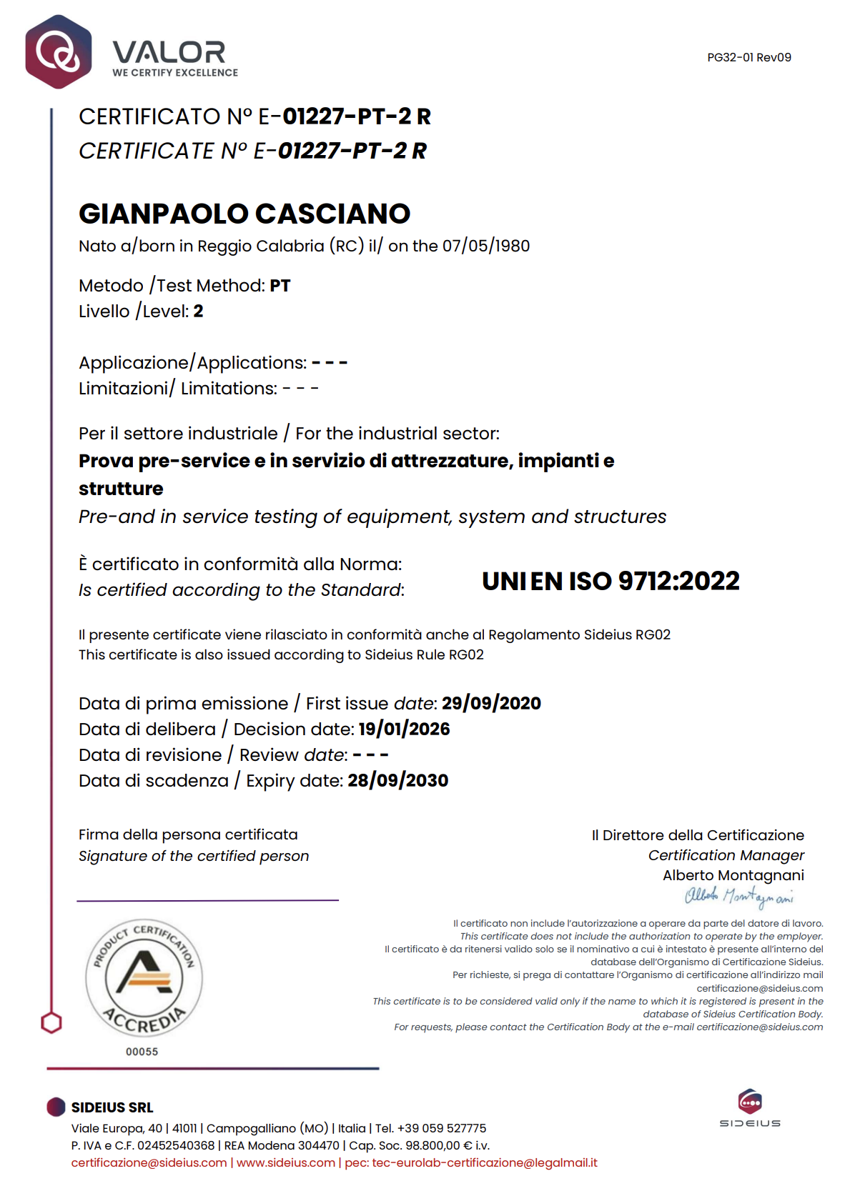 Certificato CND Liquidi Penetranti PT Livello 2 – Gianpaolo Casciano, Sideius SRL, valido fino al 28 settembre 2030